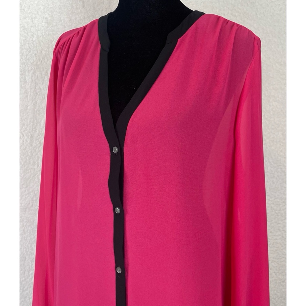 (NWT) DKNYC • Hot Pink/Black Sheer Long Sleeve Button-Down Shirt, L - Picture 6 of 16